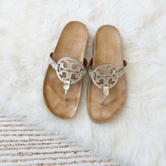 EUC TORY BURCH MILLER CLOUD SANDAL METALLIC GOLD CORK FOOTBED SZ 9.5 - Picture 2 of 11